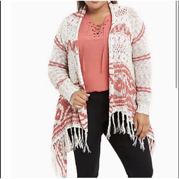 TORRID Tan Red Boho Southwest Draped Fringe Open Knit Sweater 00 Medium/Large - Picture 1 of 12